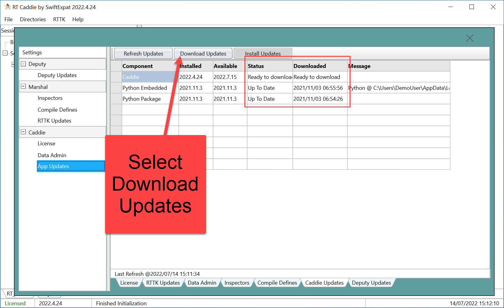Caddie download updates