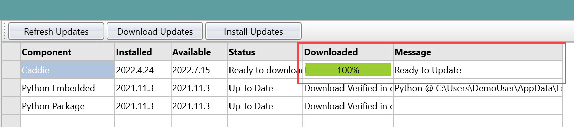 caddie update downloaded ready to install